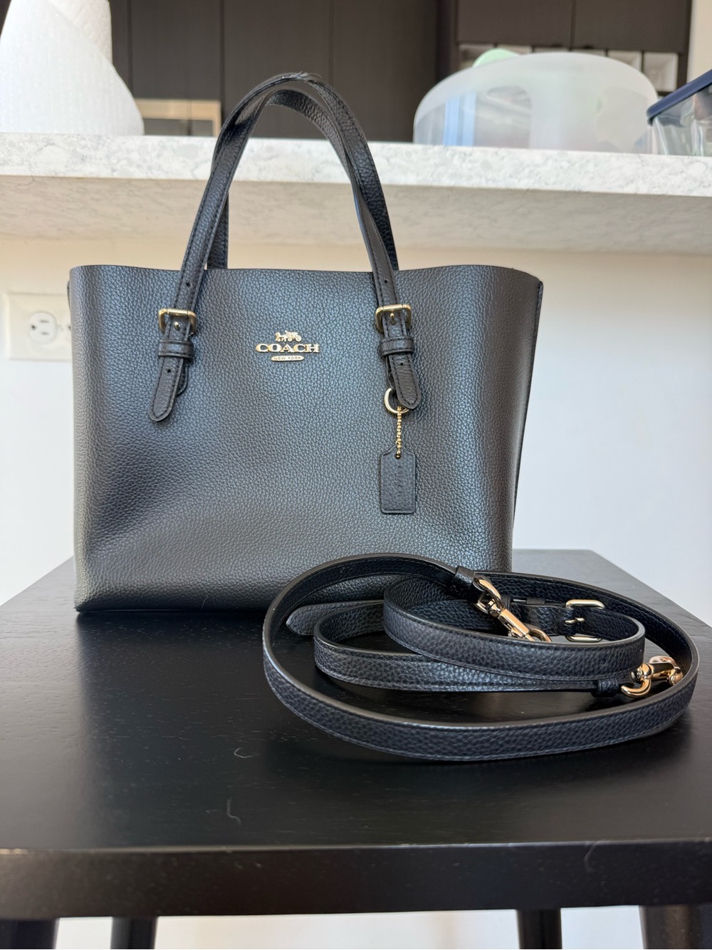 Coach Mollie Tote 25 Black Leather, Red Interior. Convertible Bag C4084
